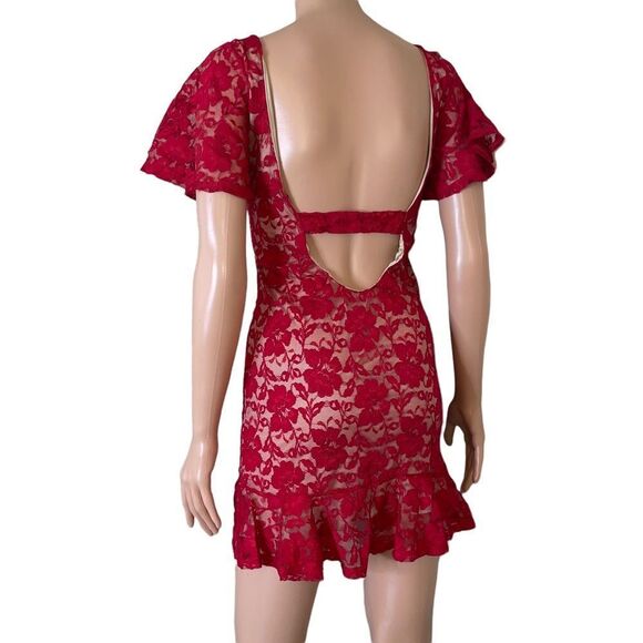 Solemio red lace over nude overlay mini form fitting cocktail dress NWOT SZ M - Picture 5 of 10